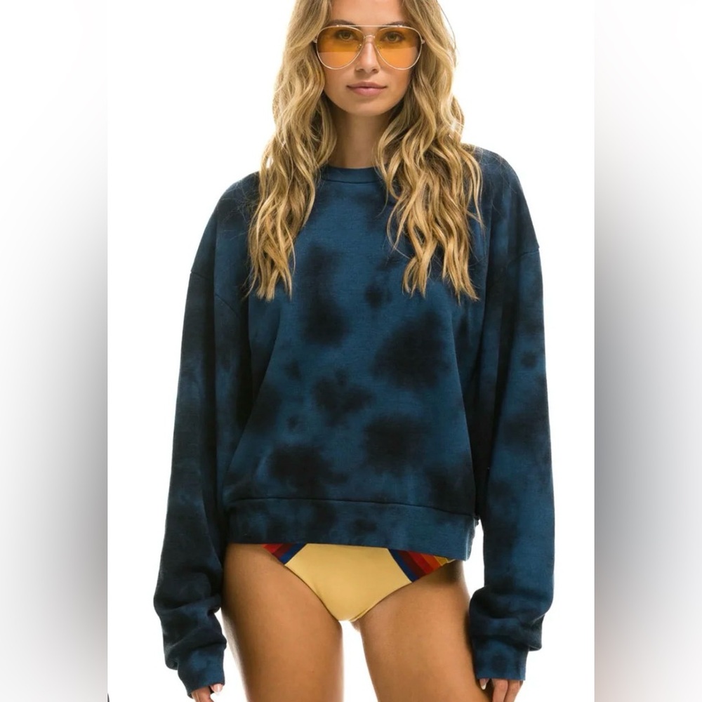 NWT XS Aviator Nation Hand Dyed Crew Sweatshirt Relaxed - Tie Dye Blue Black